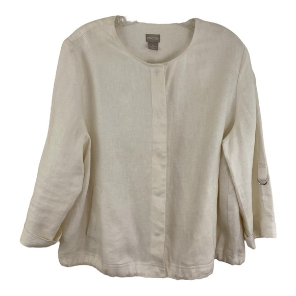 Chico's Utility Linen White Jacket Size 16P Lightweight Safari Summer Coastal - Picture 1 of 7